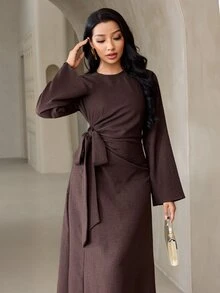 Veilorie Women's Solid Color Round Neck Long Sleeve Side Knot Long Dress - Coffee - View 1