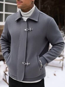 Manfinity Homme 男士純色羊毛混紡長袖拉鍊夾克，高階飛機扣裝飾，適合正式或休閒場合，休閒度假、用餐聚會、簡約辦公、休閒居家穿著，百搭風格，適合自用或送給朋友的禮物，熱銷舒適羊毛混紡夾克 - 灰色 - 查看 3