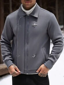 Manfinity Homme 男士純色羊毛混紡長袖拉鍊夾克，高階飛機扣裝飾，適合正式或休閒場合，休閒度假、用餐聚會、簡約辦公、休閒居家穿著，百搭風格，適合自用或送給朋友的禮物，熱銷舒適羊毛混紡夾克 - 灰色 - 查看 5