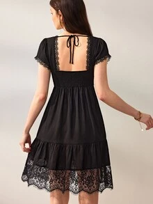 Willow Rêve Women's Black High Waist Ruffle Hem Chiffon Dress, Lace Patchwork With Tie Front, Solid Color Pastoral Romantic Bohemian Style, Suitable For Summer Vacation, Party, Wedding - Black - View 2