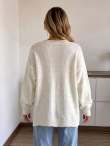 Wandoria Women's Autumn New Single Piece V-Neck Loose Regular Fit Solid Color Perforated Design Versatile Fashion Commute Daily Elegant Knit Pullover Long Sleeve Sweater - Beige - View 2