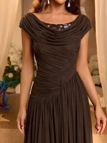 Glamrae Elegant Romantic Beaded Sequin Patchwork Elastic Knit Mesh Ruched Cowl Neck Flared Evening Gown Wedding Gala Dinner Prom Vacation Ball Festival Fall - Brown - View 5