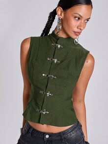 ROMWE Summer Vacation Y2K Hot Girl Metallic Airplane Buckle Slim Fit Stand Collar Open Front Tank Top - Army Green - View 5