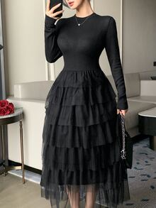 DAZY Autumn/Winter Round Neck Black Fitted Top With Mesh Patchwork Layered Ruffle Hem Elegant Romantic Party Date Women's Mid-Length Dress - Black - View 5