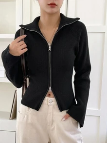 DAZY 純色拉鍊翻領商務休閒女款開襟衫 - 黑色 - 查看 3