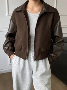 Livesso Jaket Fashion Kasual Longgar Warna-Blok Musim Gugur/Dingin - Coffee Brown - View 1