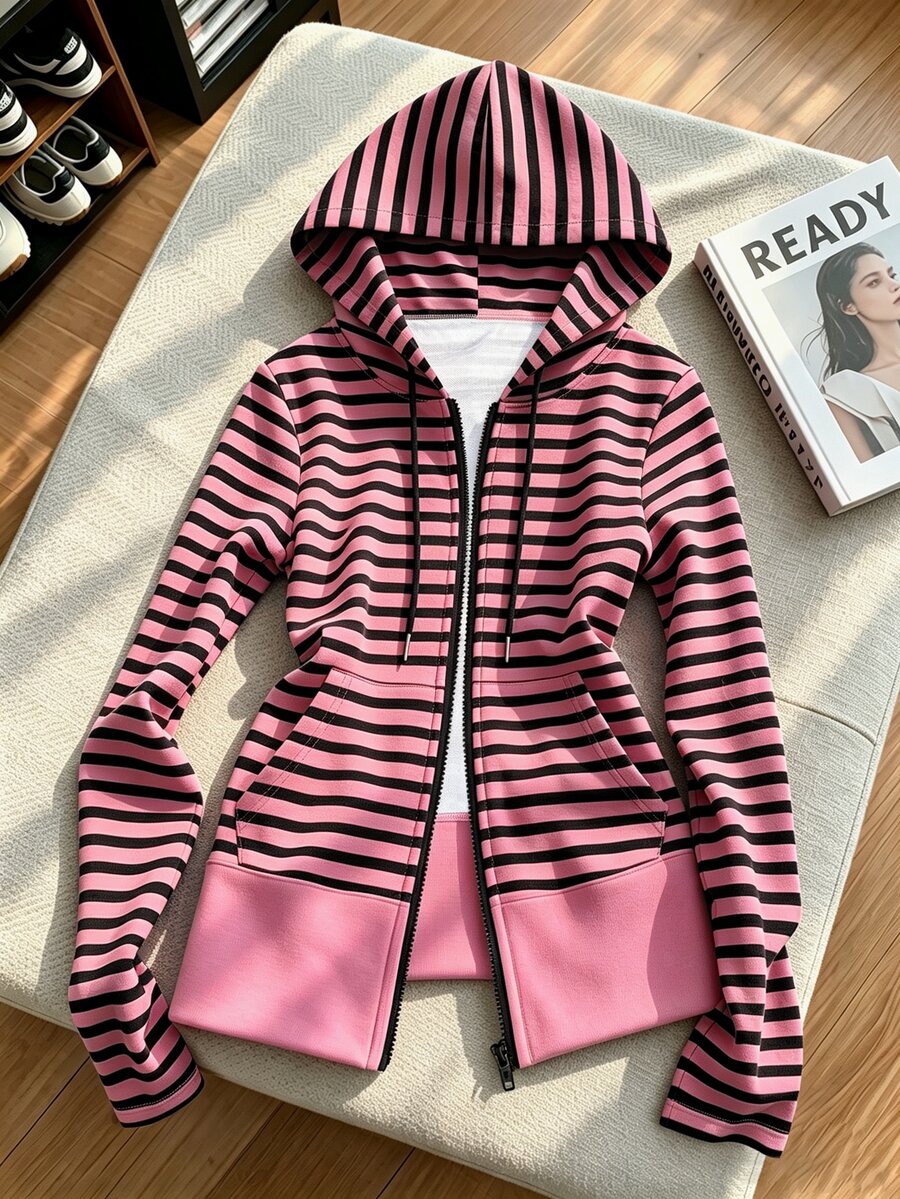 Resyla Currently Popular, Fashion , Striped Slim-Fit Hooded Sweatshirt, Girls' Autumn High-End Vintage Jacket - Multicolor - View 1