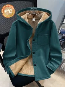 SHEIN 兒童小男孩休閒日常百搭舒適複合抓絨內裡連帽開襟長袖中厚梭織外套，適合學校、花園、海灘、生日，春夏秋冬皆宜 - 墨綠色 - 查看 3