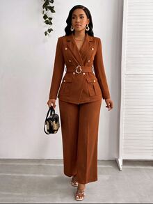 SHEIN Lady Women's Solid Color Lapel Neck Double-Breasted Jacket And Pants Suit Set - Brown - View 7