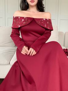 Feyla Women's Elegant Off-Shoulder Floral Embroidered Dress - Burgundy - View 4