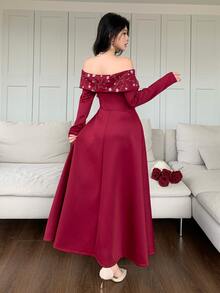 Feyla Women's Elegant Off-Shoulder Floral Embroidered Dress - Burgundy - View 6