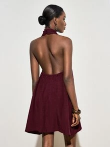 Zivah Women's Solid Color Criss-Cross Halter Neck Casual Mini Dress - Burgundy - View 2