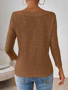 SHEIN Essnce 女款純色圓領落肩休閒T恤，棕色系，適合早午餐，秋季款 - 棕色 - 查看 4