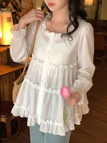 DAZY 女款白色方領蕾絲飾邊寬鬆花瓣袖優雅顯瘦休閒襯衫上衣 - 白色 - 查看 6