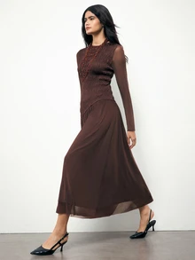 Maija Women's Solid Color Round Neck Contrast Mesh Pleated Elegant Long Dress - Dark Brown - View 6