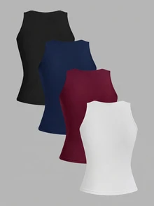 SHEIN EZwear 4件裝休閒極簡風女款性感短版緊身背心，適合夏秋層次穿搭 - 彩色 - 查看 2