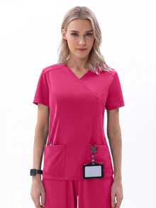 TaskEZ Women's Matte Wrap Top With 2 Pockets And Princess Seams On Back - Hot Pink - View 7