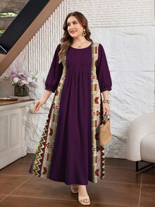 Lacomfia Vintage Geometric Striped Pattern Plus Size Women's Dress, Spring/Summer Fashion Round Neck With Pleated Design, Mid-Length Sleeves, Cinched Waist, Full Skirt, Long Length, Bohemian Style - Multicolor - View 4
