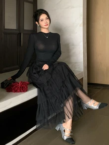 DAZY Autumn/Winter Round Neck Black Fitted Top With Mesh Patchwork Layered Ruffle Hem Elegant Romantic Party Date Women's Mid-Length Dress - Black - View 8