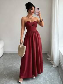 Selianne Summer New Bohemian Style Long Strapless Dress, Sexy Back Cutout, Floral Print, Bandeau Dress, Elegant Summer Dress, Women's Long Summer Dress, Beach Dress, Suitable For Holiday, Picnic, Beach Activities - Burgundy - View 3