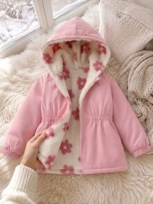 SHEIN 1件女童冬季新款毛絨內裡拉鍊開襟衫，附彈性腰部與連帽，百搭時尚防寒外套，適合戶外與通勤 - 粉色 - 查看 2