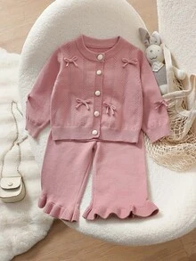 SHEIN 6 Months - 3 Years Baby Girl Bean Paste Color Round Neck Perforated Knit Cardigan With 3D Bow Decor Long Sleeve Jacket And Ruffle Hem Knit Wide Leg Pants 2 Pieces Set Infant Toddler Casual Spring Autumn Knit Outfit - Pink - View 1