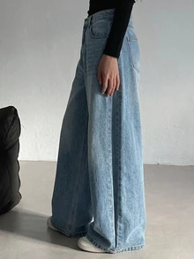 DAZY 女款酸洗寬腿休閒牛仔褲 - 淺色水洗藍 - 查看 4