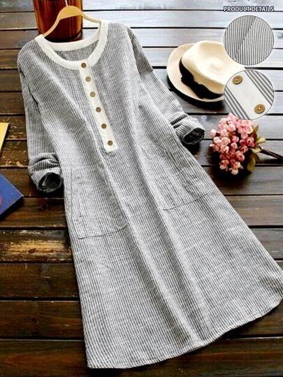 Linhara Women's Plus Size Casual Minimalist Retro Striped Round Neck Button Design Dress Suitable For Spring And Autumn