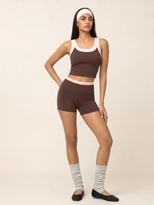 SHEIN BAE Women's Colorblock Cropped Tank Top And Shorts Sports Set - Coffee Brown - View 5