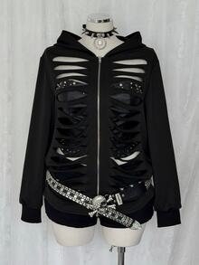 Sunspun Plus Size Distressed Hollow Out Cool Style Y2K Ripped Sweatshirt Halloween - Black - View 5