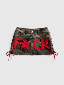 ROMWE Street Life Plus Size Street Retro Red Contrast Color English Letter Camouflage Women's Denim Skirt - Multicolor - View 1