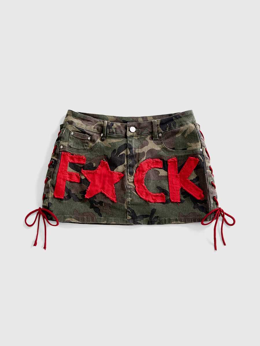 ROMWE Street Life Plus Size Street Retro Red Contrast Color English Letter Camouflage Women's Denim Skirt - Multicolor - View 1