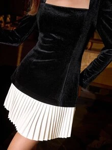 MOTF PREMIUM MINIMALIST ELEGANT SQUARE NECK PATCHWORK PLEATED HEM DRESS - Black and White - View 7
