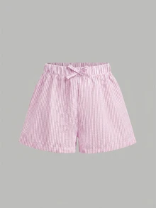 SHEIN 女童編織條紋休閒襯衫 + 吊帶背心 + 短褲 3 件套，馬標，黃色條紋 - 淺粉色 - 查看 6
