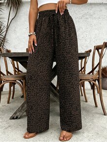 SHEIN CURVE+ Plus Size Women's Leopard Print Tie Waist Tapered Long Pants Fall - Multicolor - View 3