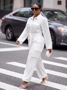 Slaydiva Autumn/Winter Plus Size White Utility Jumpsuit With Collar, Belt, Cinched Waist And Wide Leg - White - View 2