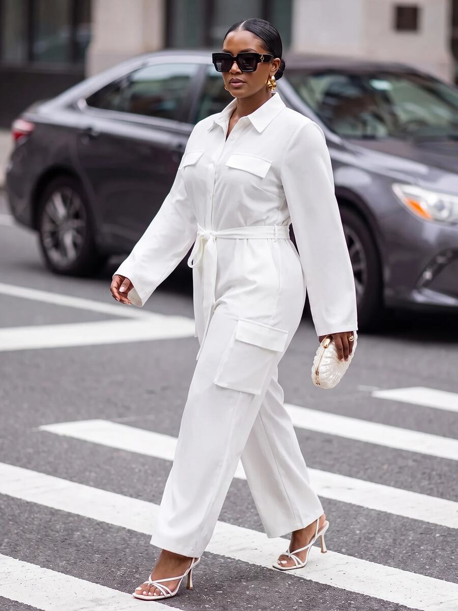 Slaydiva Autumn/Winter Plus Size White Utility Jumpsuit With Collar, Belt, Cinched Waist And Wide Leg