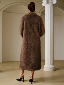 ZEYLAH Faux Fur Oversized Lapel Long Shaggy Coat - Light Grey - View 3
