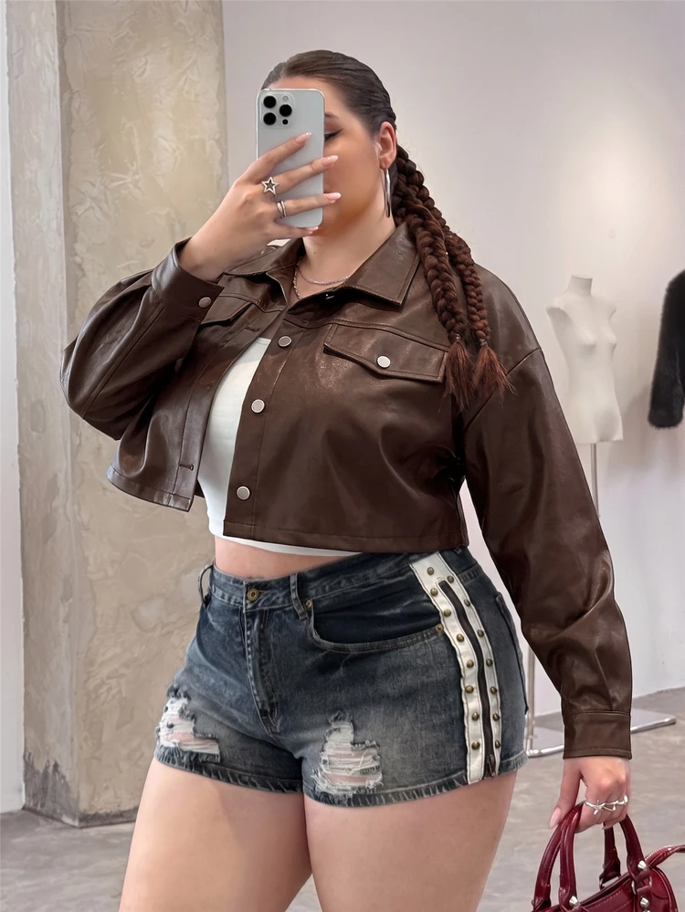 SHEIN EZwear Plus Drop Shoulder Flap Detail Crop PU Leather Jacket