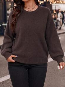 EMERY ROSE Plus Size Women's Commuter Lace-Up Knit Pullover Sweater Top - Chocolate Brown - View 1