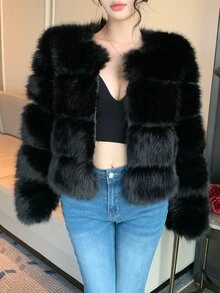 DAZY Solid Color Loose Long Sleeve Casual Vacation Elegant Autumn/Winter Thick Faux Fur Coat For Women - Black - View 3