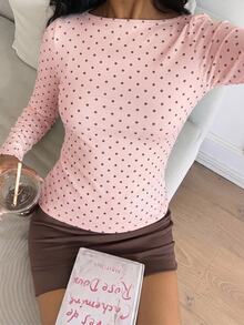 CovetEZ 95%棉全印花女款方領長袖T恤 - 粉色 - 查看 3