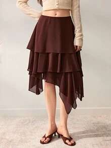 Willow Rêve Women's Brown Chiffon A-Line Asymmetrical Multi-Layer Ruffle Skirt, Solid Color Design, Layered Ruffle Craftsmanship, Fashionable Elegant Romantic Bohemian Style, Suitable For Summer Vacation, Party And Travel Outfits - Brown - View 4