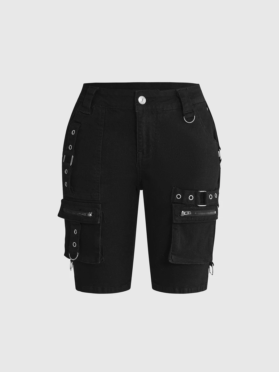 ROMWE Grunge Punk Dark Punk Metal Eyelet Decor Low Waist Tight Denim Shorts - Black - View 1