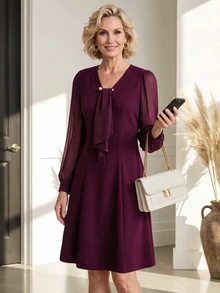 Miaspire Women's Solid Color Contrast Mesh Long Sleeve Elegant Dress - Red Violet - View 3