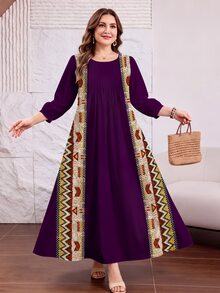 Lacomfia Vintage Geometric Striped Pattern Plus Size Women's Dress, Spring/Summer Fashion Round Neck With Pleated Design, Mid-Length Sleeves, Cinched Waist, Full Skirt, Long Length, Bohemian Style - Multicolor - View 3