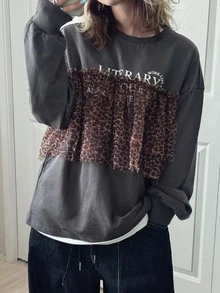 FRIFUL Women's Autumn Patchwork Leopard Print Mesh Letter Print Pure Cotton T-Shirt - Grey - View 7