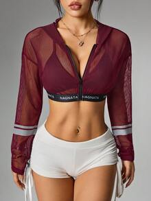 Easithlete Easithlete Mesh Sheer Hooded Ultra Short Sports Sweatshirt - Burgundy - View 3