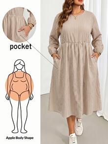 Shapeblank Women's Striped Textured Fabric Plus Size Round Neck Long Sleeve Apricot Dress, Suitable For Autumn, Party, Vacation, Date, Back To School - Khaki - View 1