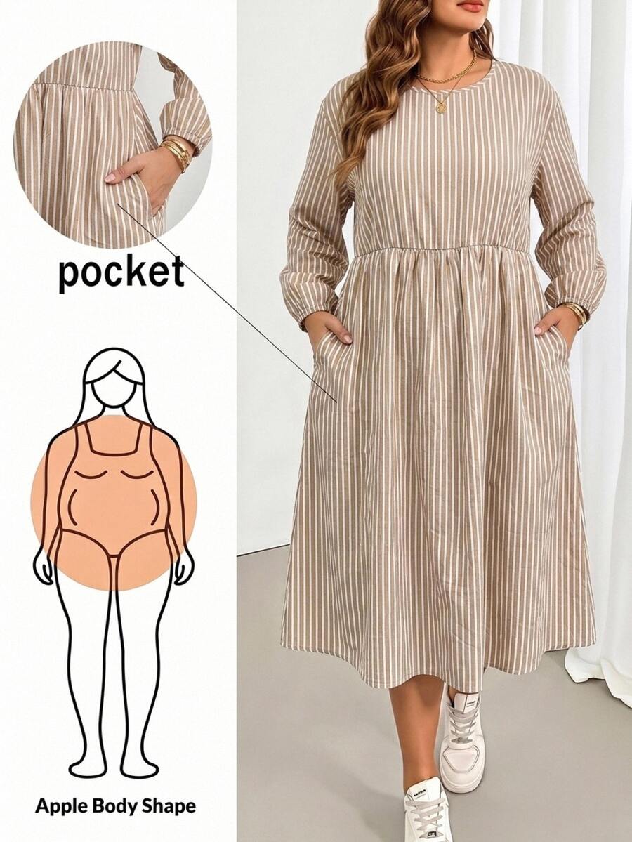 Shapeblank Women's Striped Textured Fabric Plus Size Round Neck Long Sleeve Apricot Dress, Suitable For Autumn, Party, Vacation, Date, Back To School - Khaki - View 1